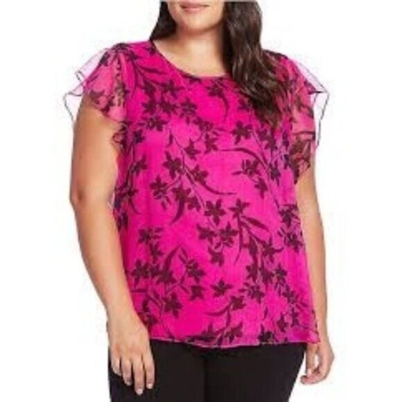 Vince Camuto Plus Size Chiffon Overlay Short Flutter Sleeve Floral Top,Pink, 1X - Picture 1 of 8